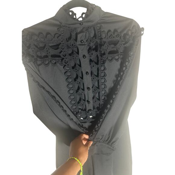 Women's L Black High-Neck Lace Trim Button-Up Romper Long Sleeve Elegant Chic - Picture 4 of 12